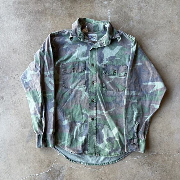 VINTAGE 80S 90S FIVE BROTHER CAMO BUTTON UP SHIRT GREEN OUTDOORS MENS MEDIUM - Picture 1 of 5